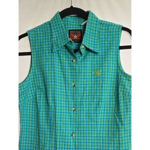 Five Star Teal and Aqua Plaid Sleeveless Button-Front Shirt